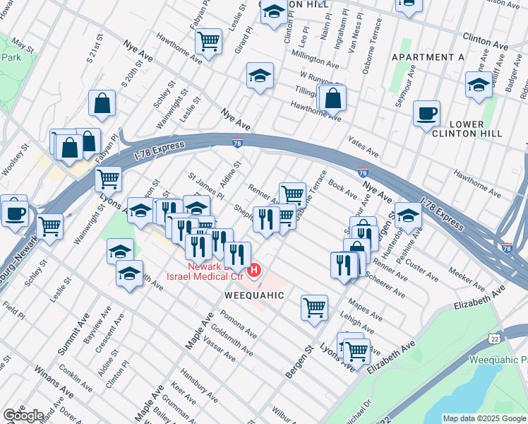 map of restaurants, bars, coffee shops, grocery stores, and more near in Newark