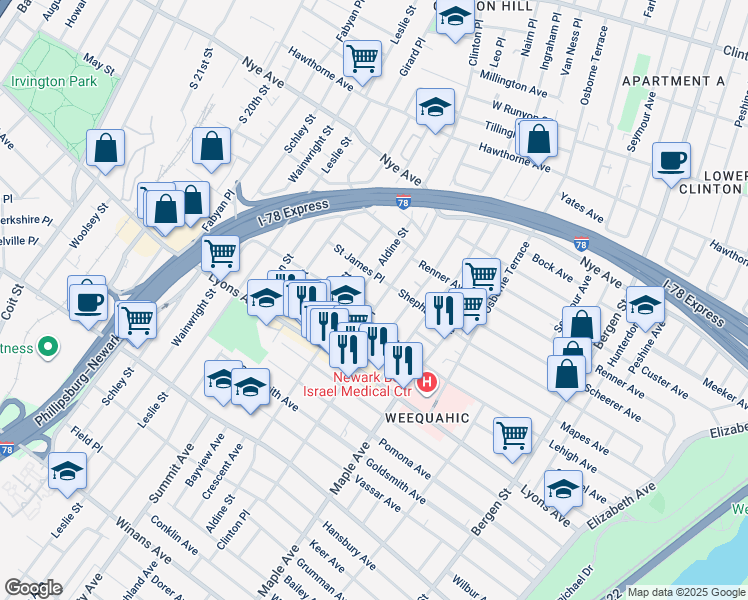 map of restaurants, bars, coffee shops, grocery stores, and more near 85 Aldine Street in Newark