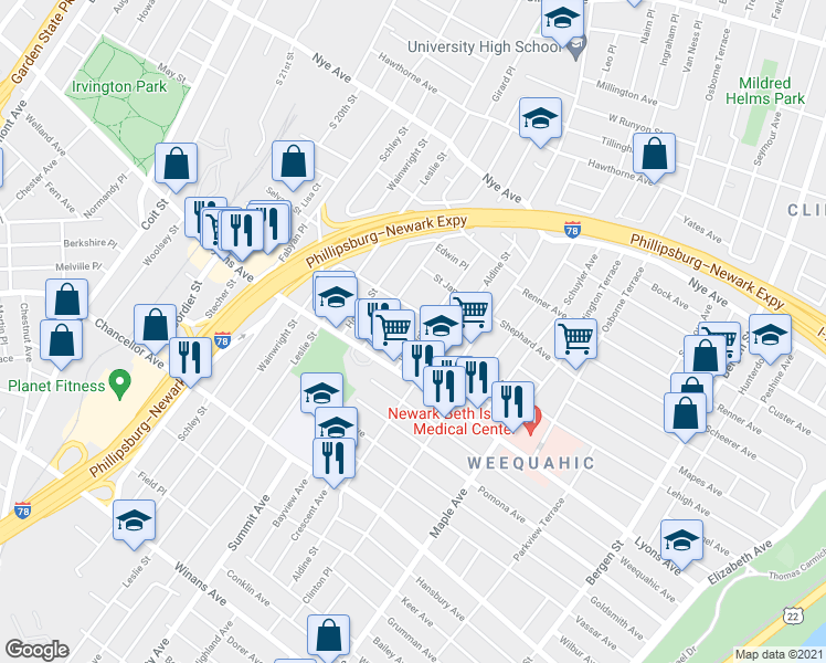 map of restaurants, bars, coffee shops, grocery stores, and more near 87 Willoughby Street in Newark