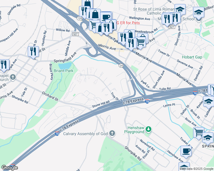 map of restaurants, bars, coffee shops, grocery stores, and more near 18 Troy Drive in Springfield