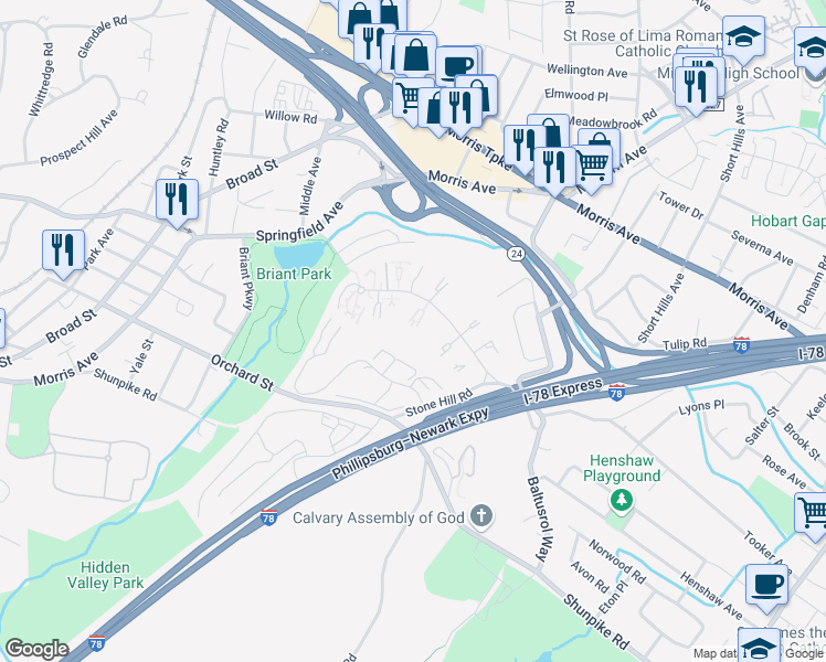 map of restaurants, bars, coffee shops, grocery stores, and more near 32A Troy Drive in Springfield