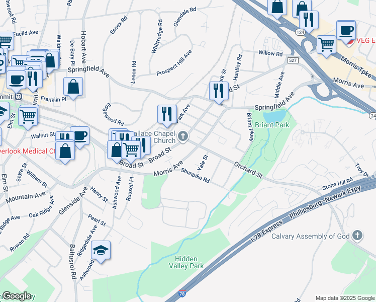 map of restaurants, bars, coffee shops, grocery stores, and more near 59 Morris Avenue in Summit