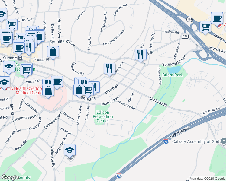 map of restaurants, bars, coffee shops, grocery stores, and more near 158 Broad Street in Summit