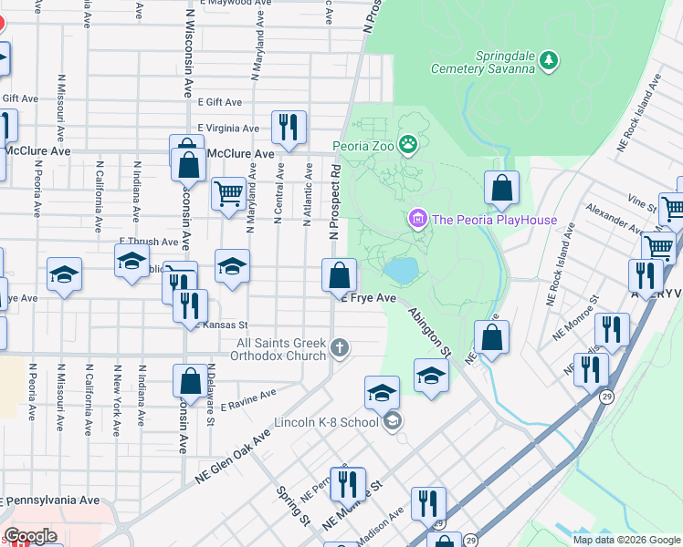 map of restaurants, bars, coffee shops, grocery stores, and more near in Peoria