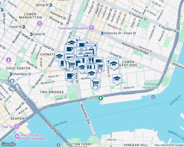 map of restaurants, bars, coffee shops, grocery stores, and more near 26 Rutgers Street in New York