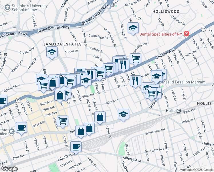 map of restaurants, bars, coffee shops, grocery stores, and more near 88-35 184th Street in Queens