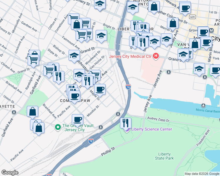 map of restaurants, bars, coffee shops, grocery stores, and more near 125 Monitor Street in Jersey City