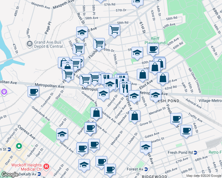map of restaurants, bars, coffee shops, grocery stores, and more near 5517 Metropolitan Avenue in Queens