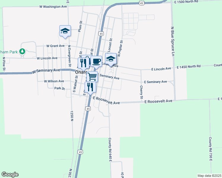 map of restaurants, bars, coffee shops, grocery stores, and more near 201 South Poplar Street in Onarga