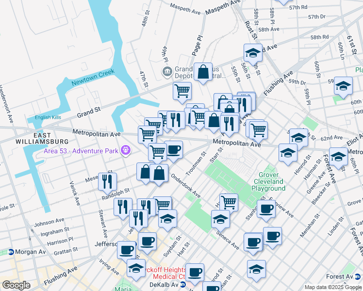 map of restaurants, bars, coffee shops, grocery stores, and more near 6363 Woodward Avenue in Queens