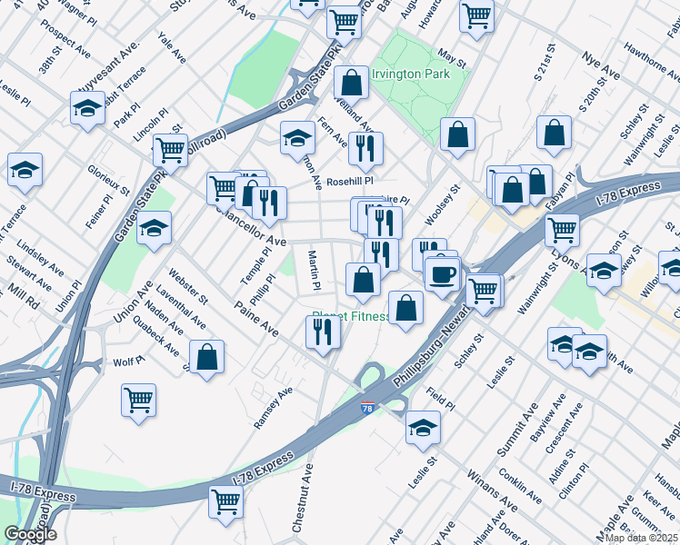 map of restaurants, bars, coffee shops, grocery stores, and more near 19 Renee Place in Irvington