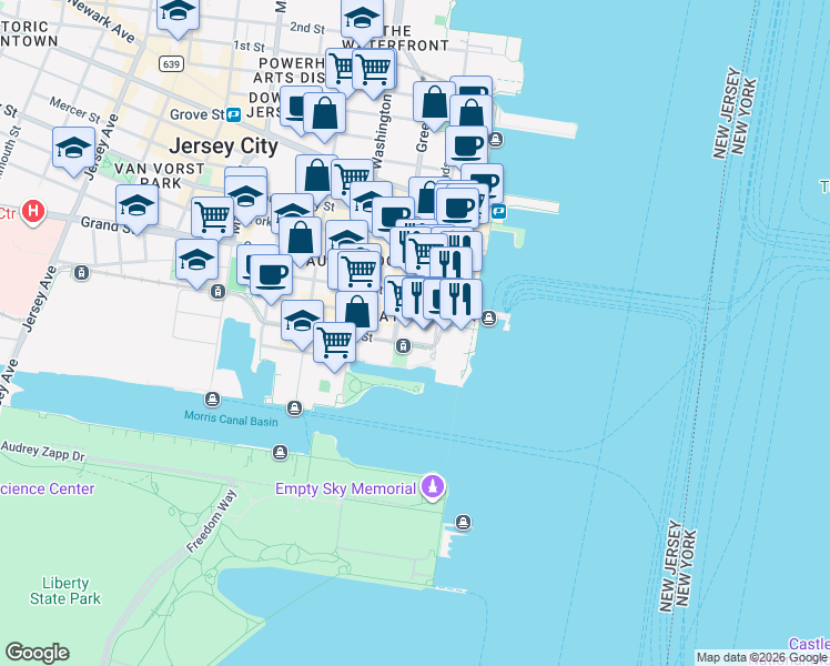 map of restaurants, bars, coffee shops, grocery stores, and more near 33 Hudson Street in Jersey City