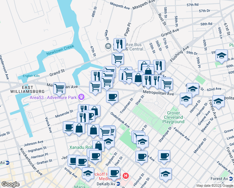 map of restaurants, bars, coffee shops, grocery stores, and more near 6363 Woodward Avenue in Queens