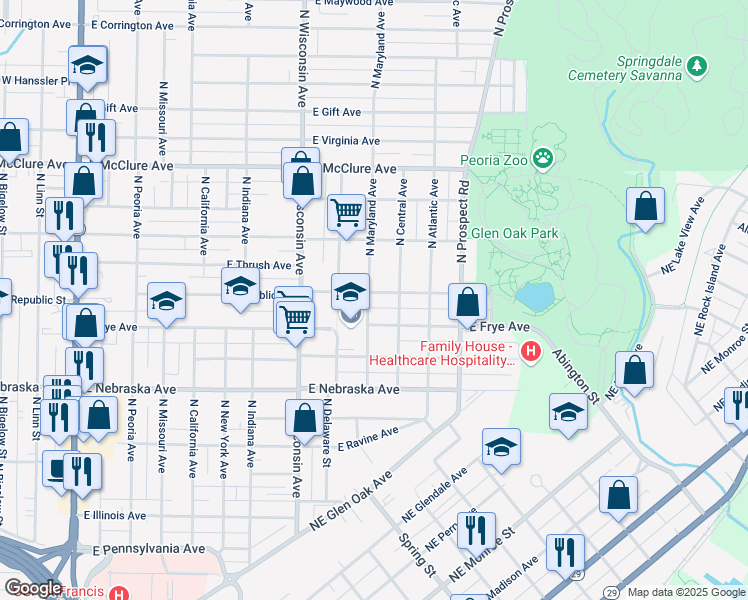 map of restaurants, bars, coffee shops, grocery stores, and more near 2116 North Maryland Avenue in Peoria