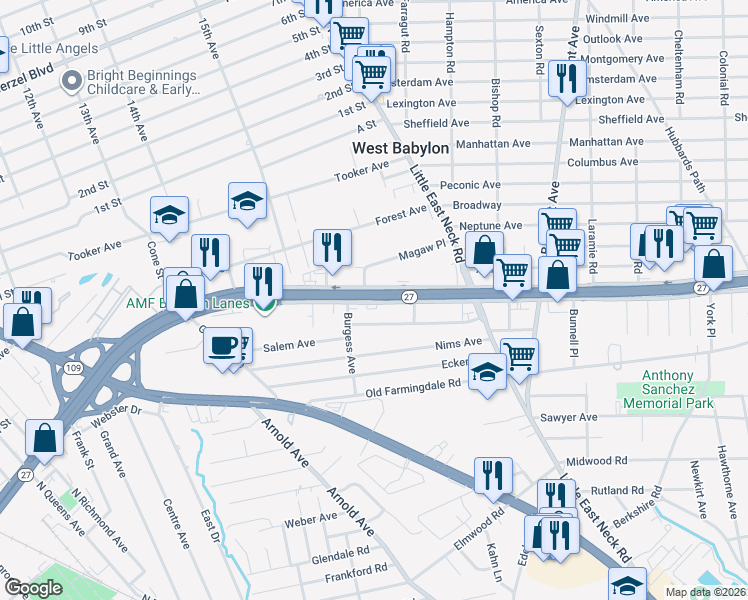 map of restaurants, bars, coffee shops, grocery stores, and more near 480 Sunrise Highway South Service Road in West Babylon