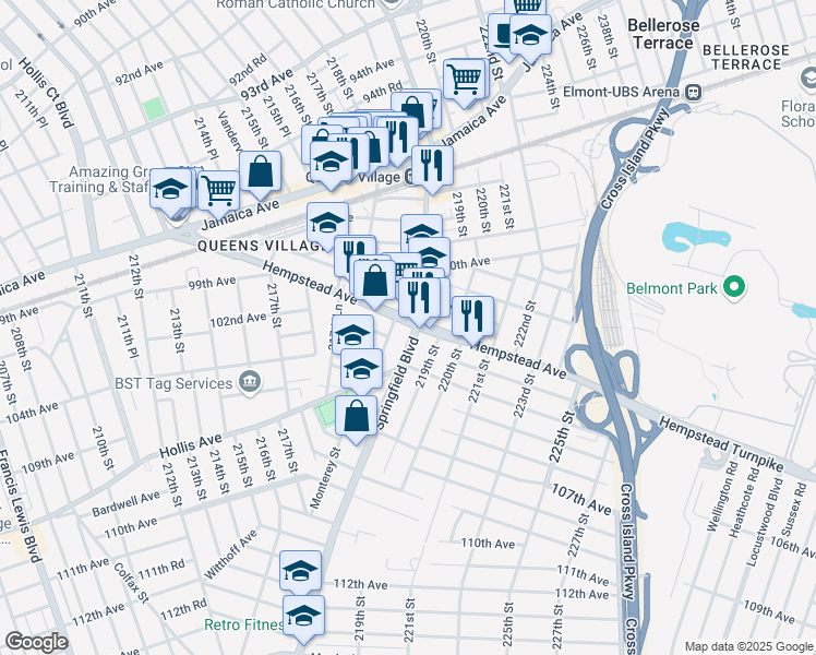 map of restaurants, bars, coffee shops, grocery stores, and more near 218-80 Hempstead Avenue in Queens