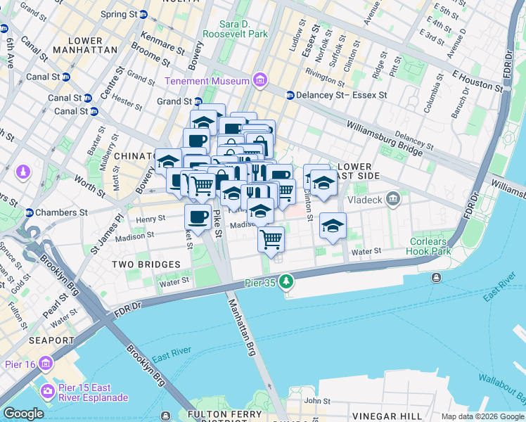 map of restaurants, bars, coffee shops, grocery stores, and more near 26 Rutgers Street in New York