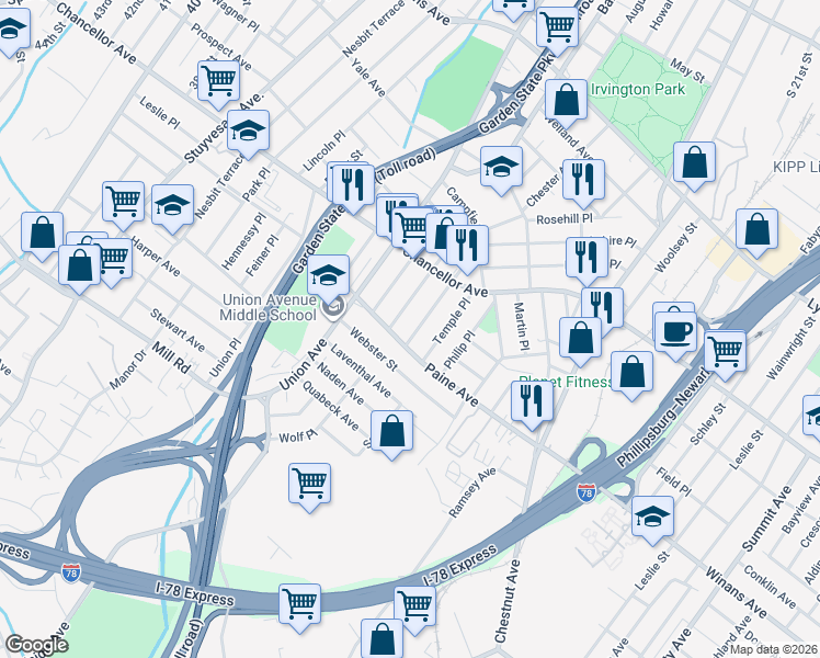 map of restaurants, bars, coffee shops, grocery stores, and more near 151 Paine Avenue in Irvington
