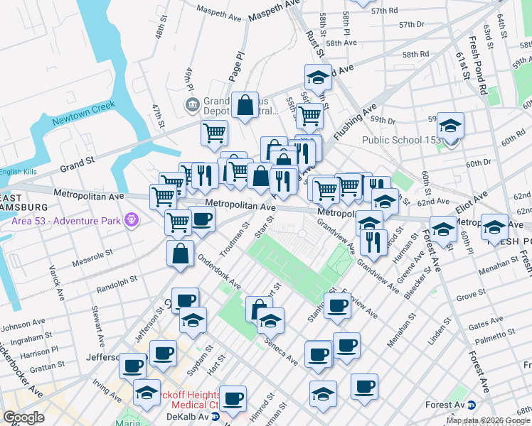 map of restaurants, bars, coffee shops, grocery stores, and more near 51-10 Metropolitan Avenue in Queens