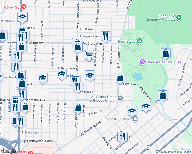 map of restaurants, bars, coffee shops, grocery stores, and more near 2116 North Maryland Avenue in Peoria