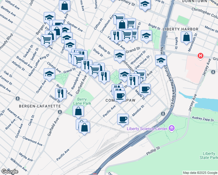 map of restaurants, bars, coffee shops, grocery stores, and more near 392 Communipaw Avenue in Jersey City