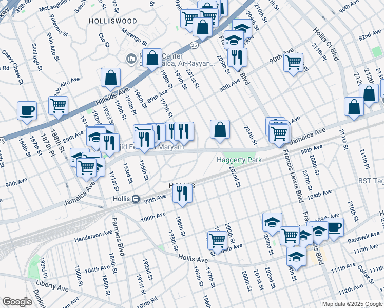 map of restaurants, bars, coffee shops, grocery stores, and more near 198-10 Jamaica Avenue in Queens
