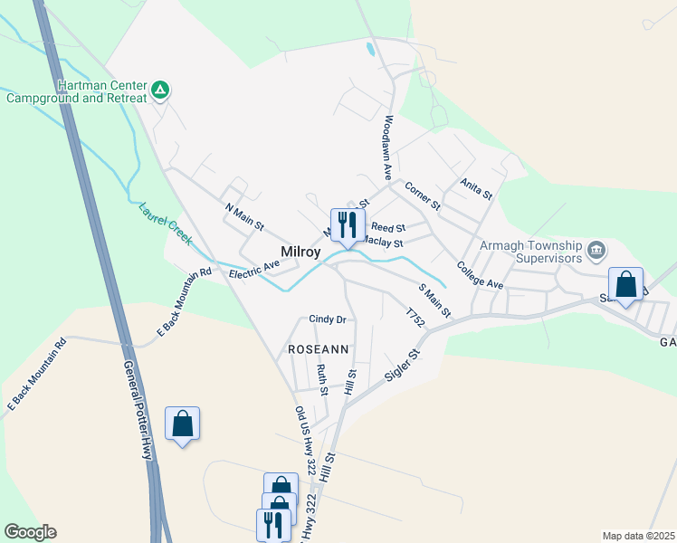 map of restaurants, bars, coffee shops, grocery stores, and more near Main Street in Milroy