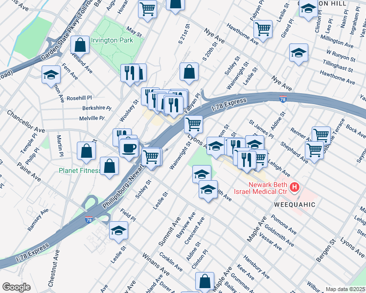 map of restaurants, bars, coffee shops, grocery stores, and more near 225-227 Wainwright Street in Newark
