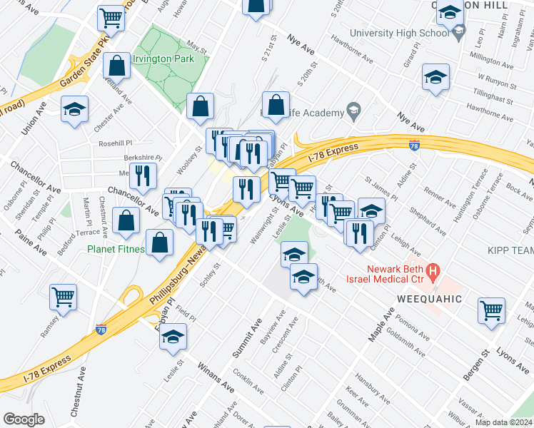 map of restaurants, bars, coffee shops, grocery stores, and more near 225-227 Wainwright Street in Newark