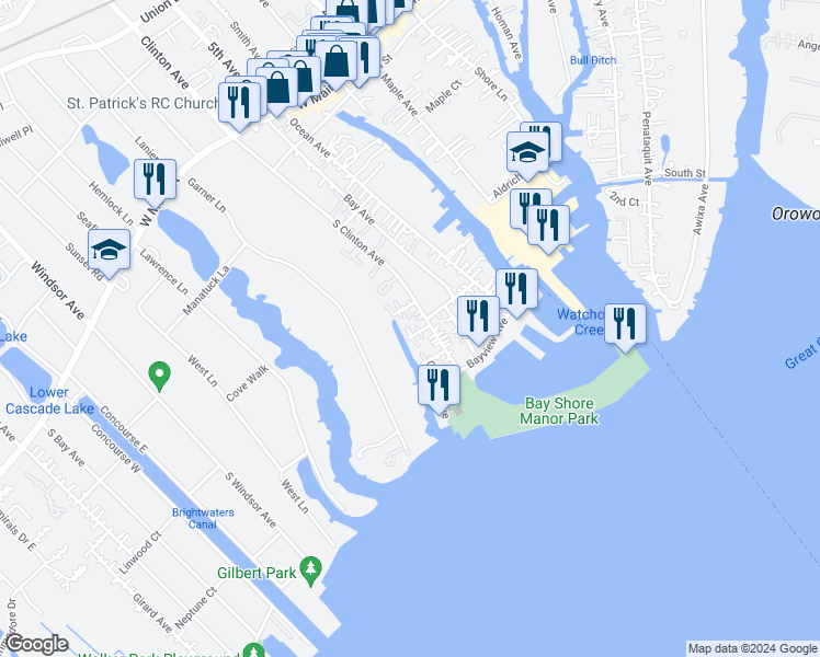 map of restaurants, bars, coffee shops, grocery stores, and more near 7 South Atlantic Avenue in Bay Shore