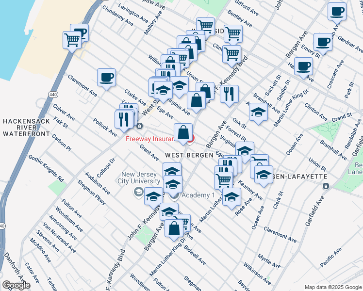 map of restaurants, bars, coffee shops, grocery stores, and more near in Jersey City