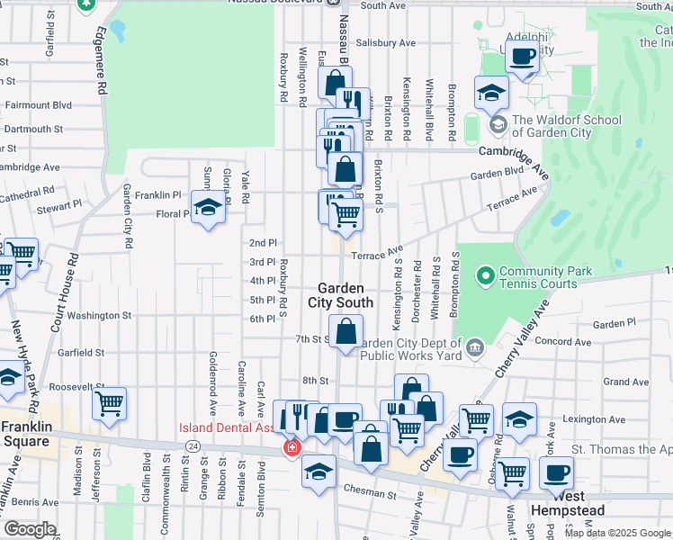 map of restaurants, bars, coffee shops, grocery stores, and more near 243 Nassau Boulevard in Garden City