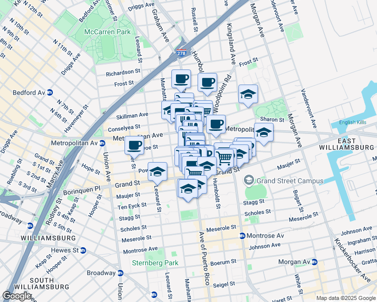 map of restaurants, bars, coffee shops, grocery stores, and more near 260 Ainslie Street in Brooklyn