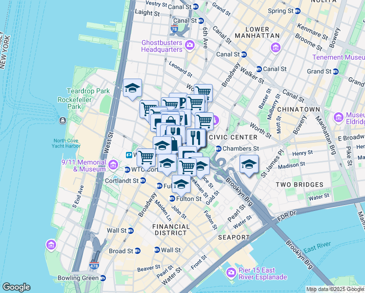 map of restaurants, bars, coffee shops, grocery stores, and more near 253 Broadway in New York