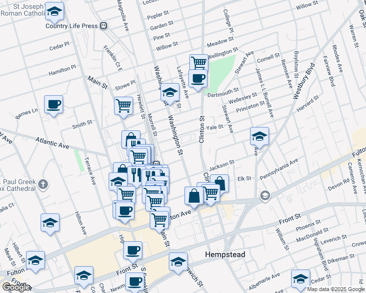 map of restaurants, bars, coffee shops, grocery stores, and more near in Hempstead