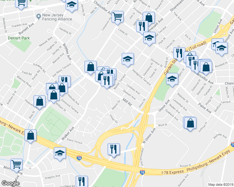 map of restaurants, bars, coffee shops, grocery stores, and more near 58 Mill Road in Irvington