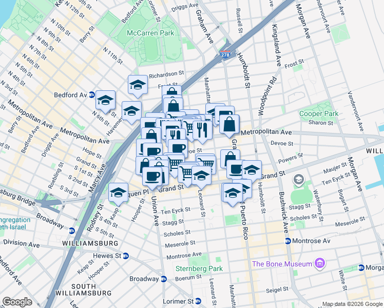 map of restaurants, bars, coffee shops, grocery stores, and more near 149 Ainslie Street in Brooklyn