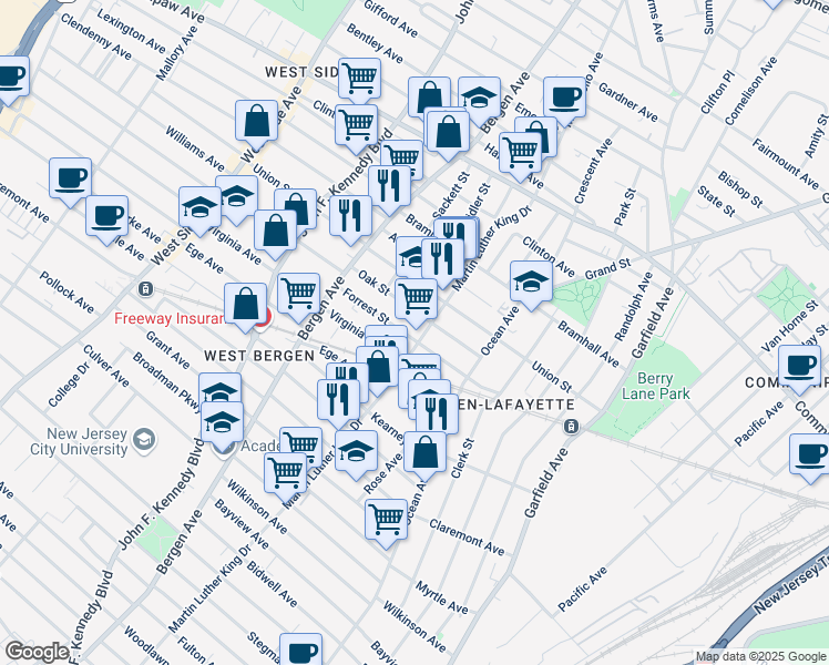 map of restaurants, bars, coffee shops, grocery stores, and more near 315 Forrest Street in Jersey City