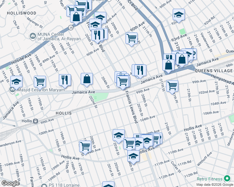 map of restaurants, bars, coffee shops, grocery stores, and more near 204-26 Jamaica Avenue in Queens