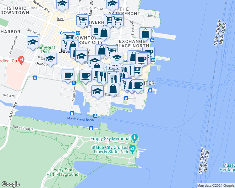 map of restaurants, bars, coffee shops, grocery stores, and more near 76 Essex Street in Jersey City