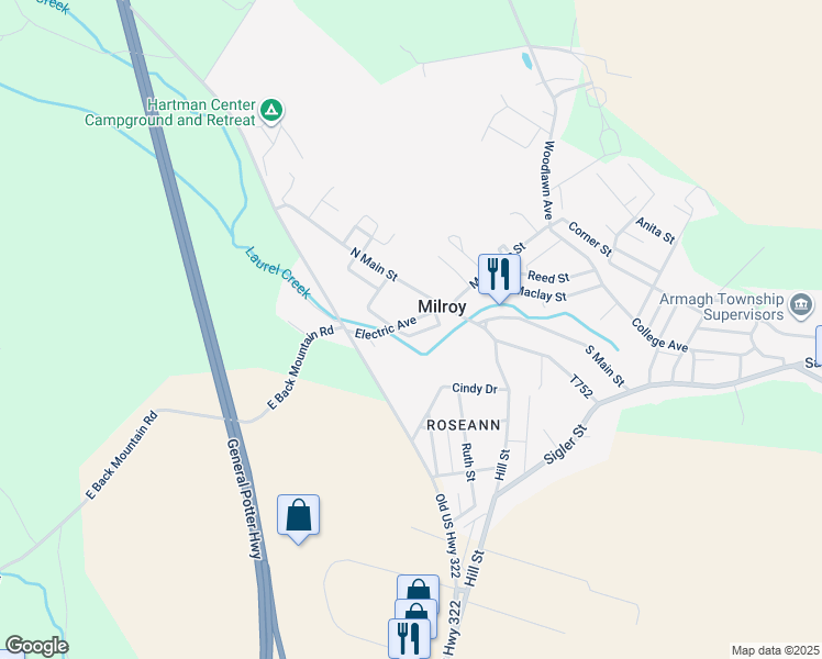 map of restaurants, bars, coffee shops, grocery stores, and more near 62 Electric Avenue in Milroy