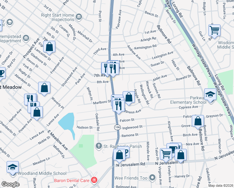 map of restaurants, bars, coffee shops, grocery stores, and more near 425 Newbridge Road in East Meadow