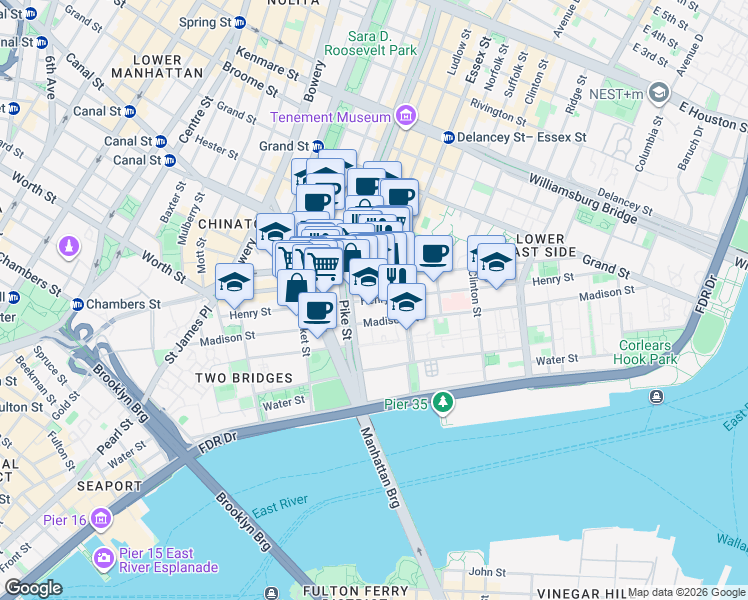 map of restaurants, bars, coffee shops, grocery stores, and more near 122 Henry Street in New York