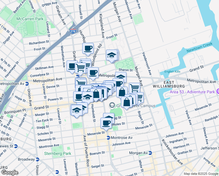 map of restaurants, bars, coffee shops, grocery stores, and more near 182 Powers Street in Brooklyn