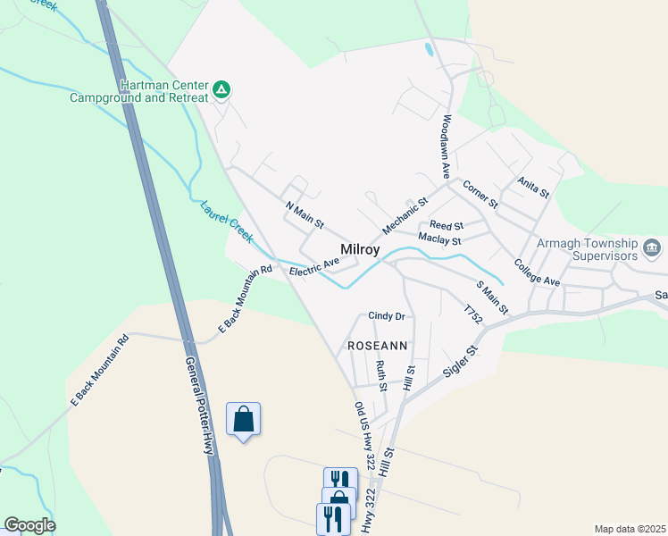 map of restaurants, bars, coffee shops, grocery stores, and more near 62 Electric Avenue in Milroy