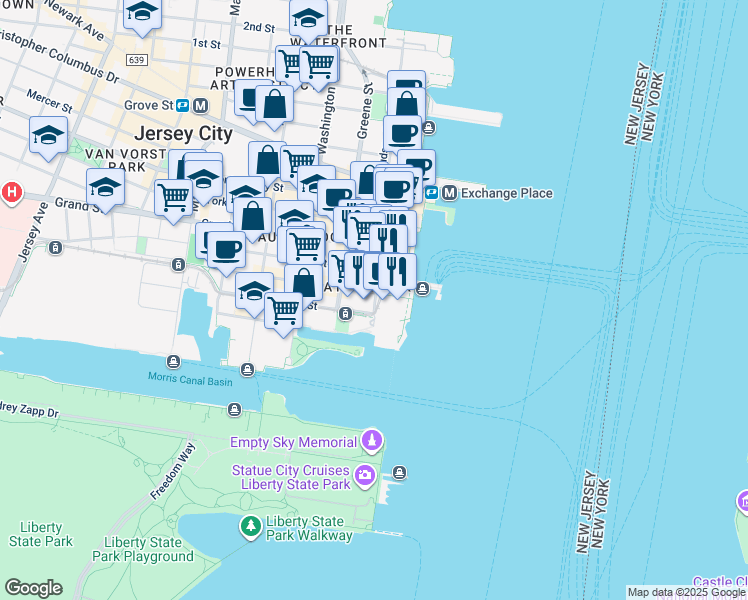 map of restaurants, bars, coffee shops, grocery stores, and more near 33 Hudson Street in Jersey City
