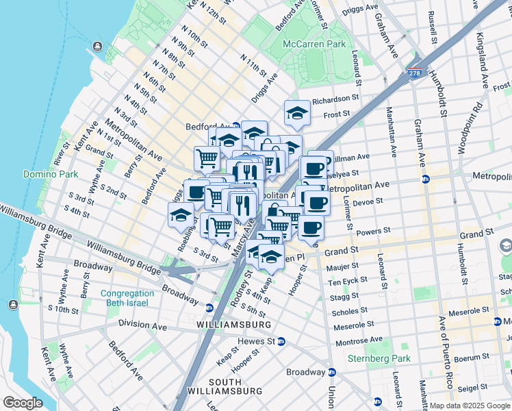 map of restaurants, bars, coffee shops, grocery stores, and more near 28 Marcy Avenue in Brooklyn