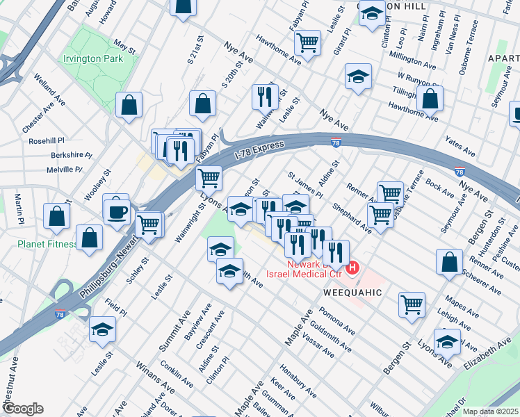 map of restaurants, bars, coffee shops, grocery stores, and more near 198 Dewey Street in Newark