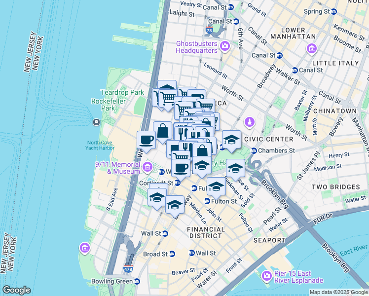 map of restaurants, bars, coffee shops, grocery stores, and more near 22 Barclay Street in New York