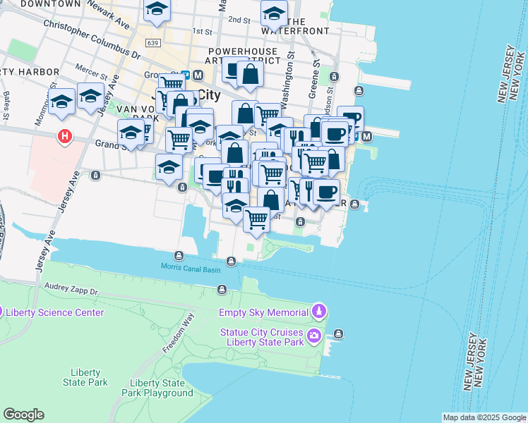 map of restaurants, bars, coffee shops, grocery stores, and more near 115 Morris Street in Jersey City
